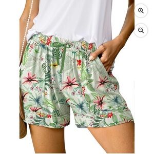 Fantaslook Casual Shorts Large Floral Green Elastic Waist Drawstring Shorts